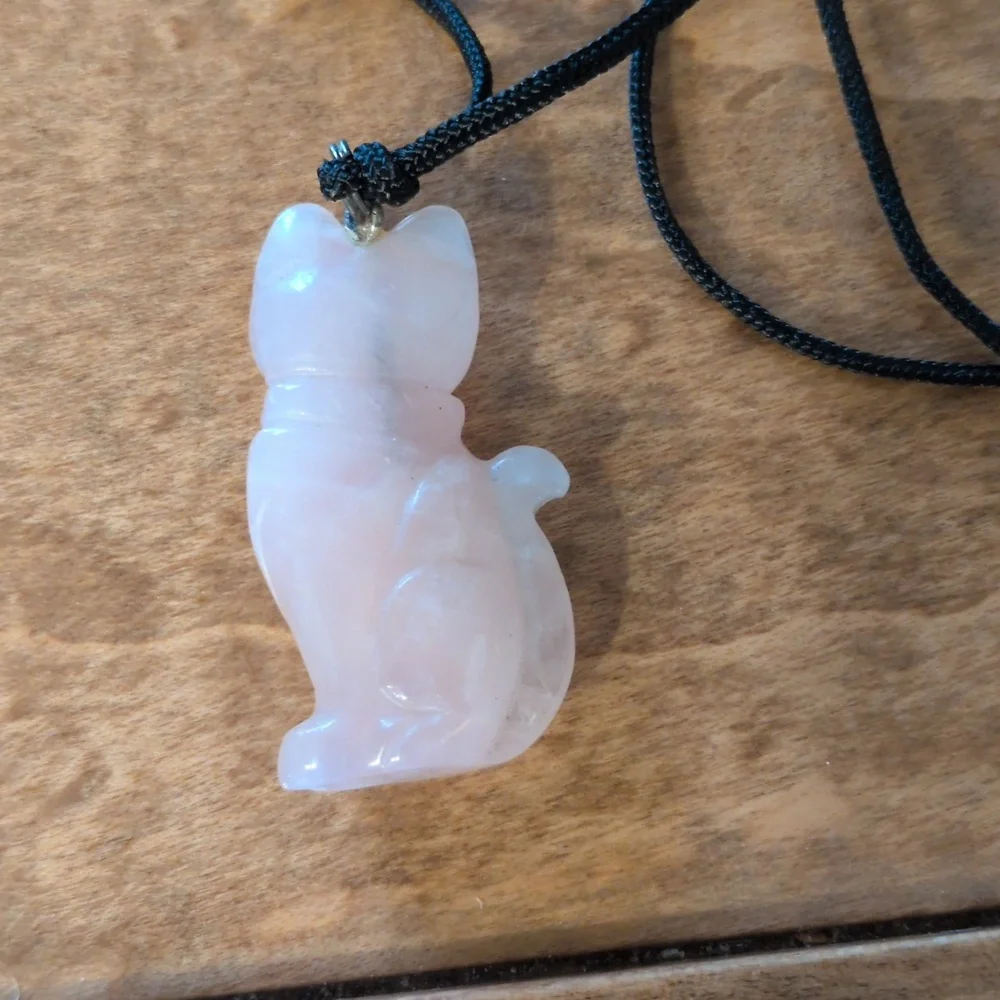 Rose Quartz Carved Cat Pendant Necklace with Black Cord - Picture 3 of 3